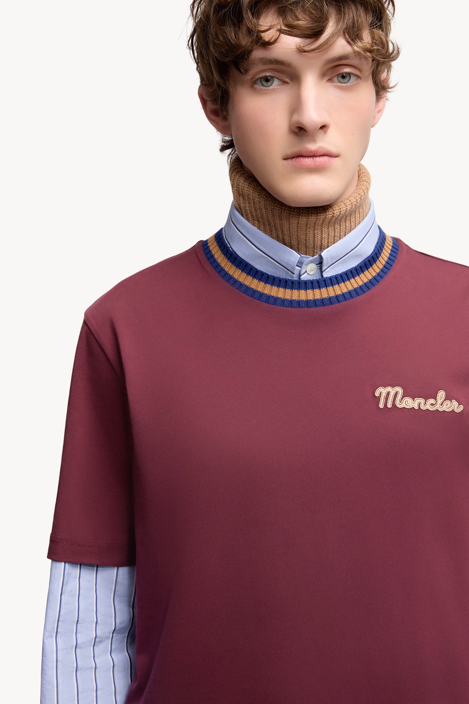 Embroidered Logo Cotton T-Shirt Men Burgundy Moncler 6